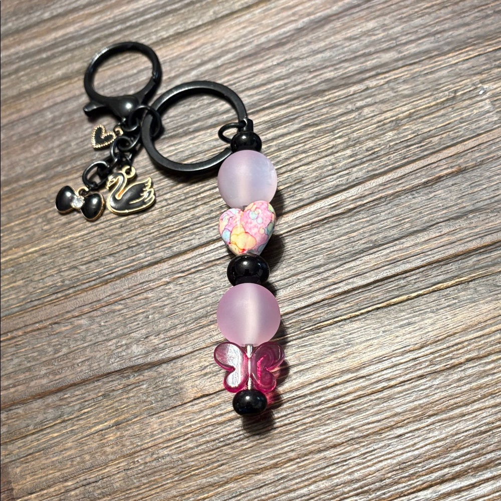 Pink and Black Beaded Keychain with Heart and Butterfly Charms